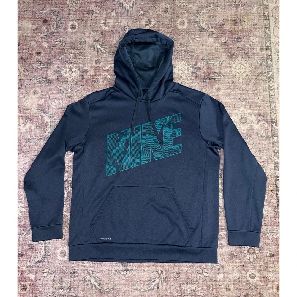 Nike Mens Therma-FIT Hoodie Navy Blue Teal Graphic Logo Sweatshirt XL 803226-460
